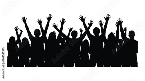 A group of people silhouettes with raised hands in unison, conveying a sense of unity, celebration, and collective expression