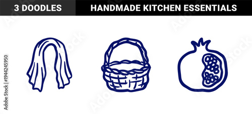 Rustic hand-drawn Mediterranean elements for organic branding. Naive marker sketch illustrations of a pomegranate, woven basket, and draped textile.