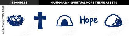 Hand-drawn Christian Easter and faith symbols for organic brand identity. Rustic, naive marker sketch illustrations featuring cross and hope concepts.