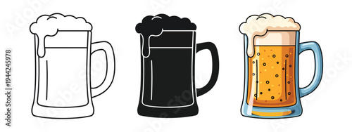 Flat Beer Mug Icons Set with Foam and Liquid Variations - Minimalist, flat icon, outline, glyph, linear, clipart, sticker - Vector icon set - Glyph icon