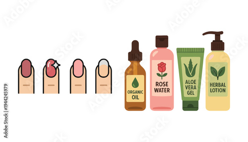 Nail care illustration with various cosmetic products and healthy nails