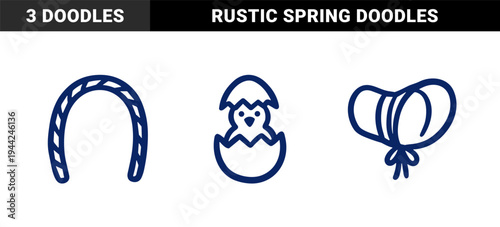 Hand-drawn Easter and spring celebration elements in a rustic navy doodle style. Minimalist naive illustrations featuring a hatching chick and festive bonnet.