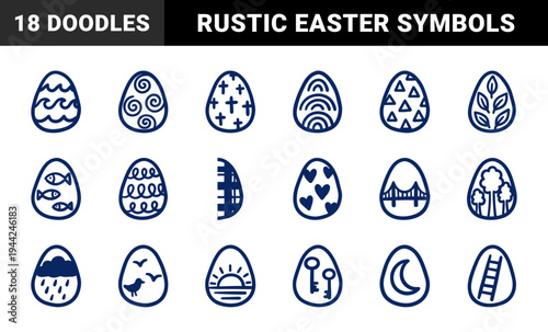 Hand-drawn Easter eggs with rustic doodle patterns and nature motifs for organic branding. Naive marker sketch illustrations featuring seasonal spring symbols.