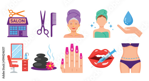 Flat Style Beauty Spa Services Icon Set Collection - Minimalist, flat icon, outline, glyph, linear, clipart, sticker - Vector icon set - Glyph icon