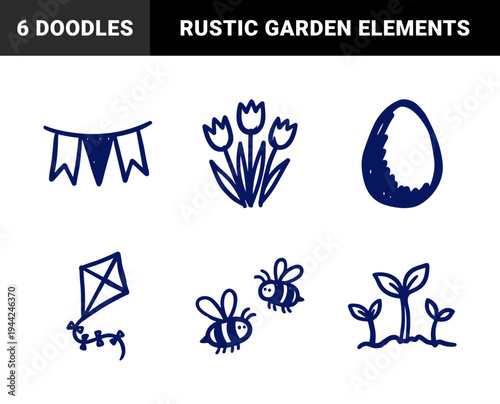 Hand-drawn spring and Easter celebration elements for organic brand identity. Rustic, naive marker sketch illustrations featuring garden and holiday concepts.