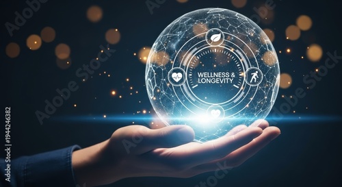 Hand holding glowing digital sphere with wellness and longevity
