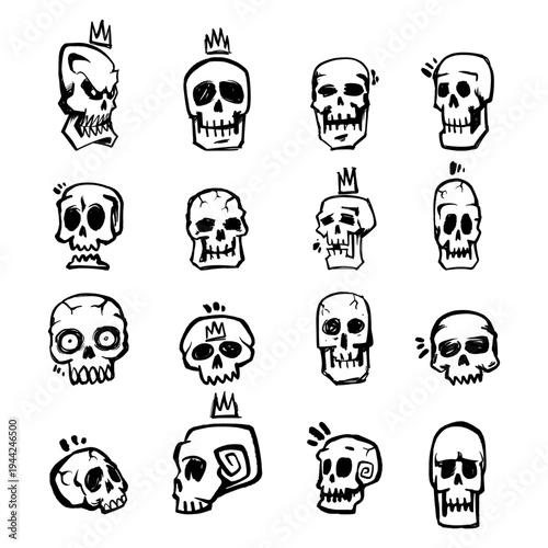 Massive Collection of 16 Skull Doodle Illustrations in Hand Drawn Black Line Art for Creative Tattoo Assets.