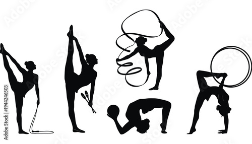 Gymnast vector silhouettes of women performing various acrobatic poses and exercises