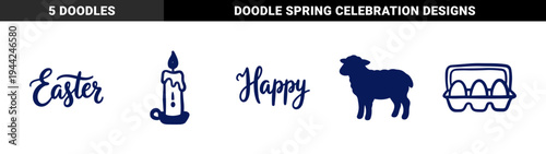 Hand-drawn Easter holiday elements featuring rustic candle and sheep for seasonal branding. Naive marker sketch doodle of spring celebration symbols.