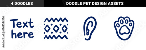 Hand-drawn pet and animal elements for organic brand identity. Rustic, naive marker sketch illustrations featuring paw print and ear shapes.