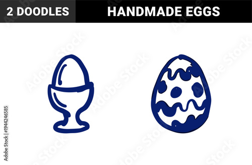 Hand-drawn Easter egg and soft boiled breakfast egg in cup for rustic seasonal branding. Naive blue marker sketch on white background.