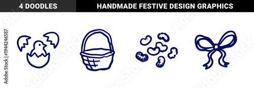 Rustic hand-drawn Easter and springtime elements for organic holiday branding. Naive marker sketch illustrations featuring basket, chick, beans, and bow.