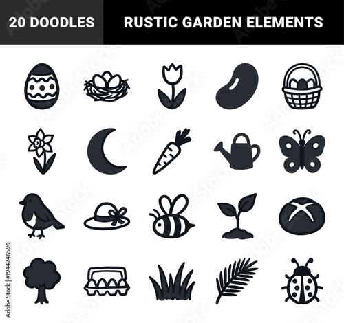 Easter and springtime hand-drawn elements for organic brand identity. Rustic, naive marker sketch illustrations featuring garden and holiday concepts.