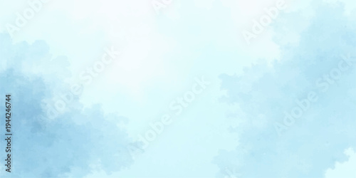 Abstract watercolor nature landscape featuring a bright sunny blue sky with fluffy white clouds and a beautiful summer sunlight texture