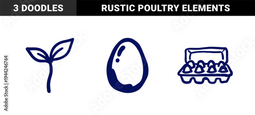 Hand-drawn organic farming and poultry elements for rustic branding. Naive blue marker sketch illustrations featuring eggs and seedling growth.