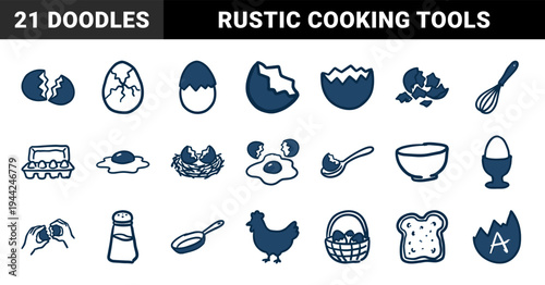 Hand-drawn breakfast egg elements for organic culinary branding. Naive marker sketch illustrations featuring cracked shells, whisk, and frying pan.