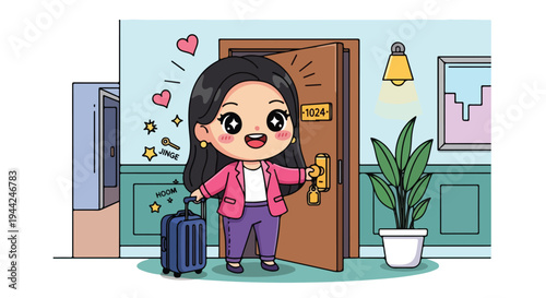 A cheerful young Asian woman in a pink blazer holding a suitcase and house keys standing in a doorway with a plant and heart symbols around her in a colorful, cartoonish style with a joyful