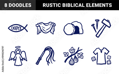 Hand-drawn Christian passion and resurrection elements for religious storytelling. Rustic, naive marker sketch illustrations of biblical symbols.