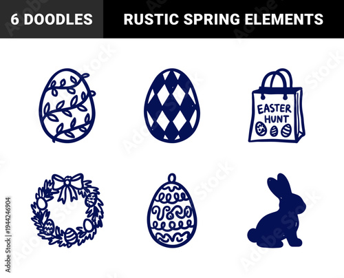 Hand-drawn Easter holiday elements for seasonal branding. Rustic naive marker sketch illustrations featuring decorated eggs, bunny, and chick.