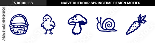 Hand-drawn rustic garden and nature elements for organic branding. Naive marker sketch illustrations featuring chick, basket, mushroom, snail, and carrot.