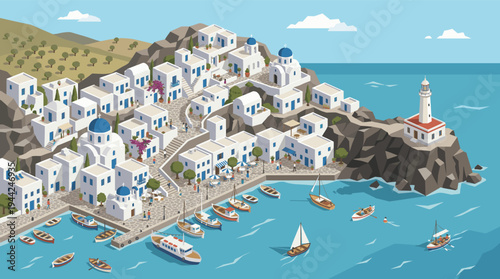 Isometric vector illustration features a charming coastal village with white buildings, blue domes, boats, and a lighthouse against a turquoise sea under a clear sky.