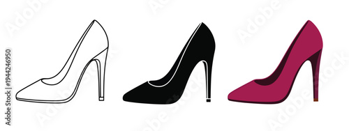 Minimalist High Heel Shoe Icons Set in White, Black, Pink - Minimalist, flat icon, outline, glyph, linear, clipart, sticker - Vector icon set - Glyph icon
