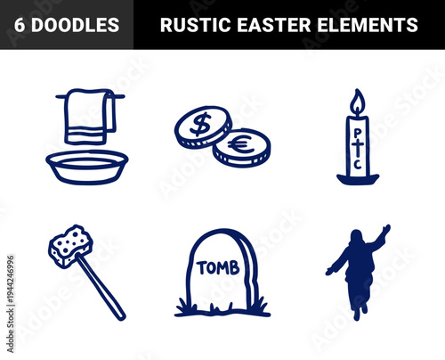 Hand-drawn Christian Easter and Holy Week symbols for religious branding. Rustic naive marker sketch illustrations of biblical passion narrative concepts.