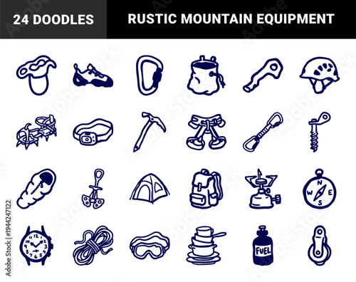 Hand-drawn mountaineering and rock climbing equipment for outdoor adventure branding. Naive marker sketch illustrations of alpine gear.