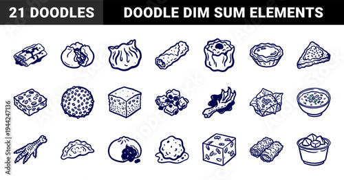 Dim sum and Chinese brunch elements for organic food branding. Rustic, naive marker sketch illustrations of traditional Cantonese cuisine.