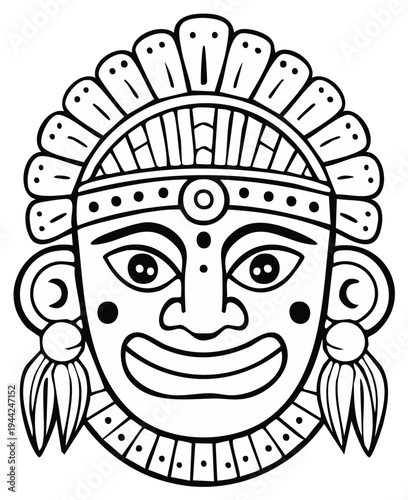 Tribal mask with ornate headdress and bold facial features striking ceremonial symbol