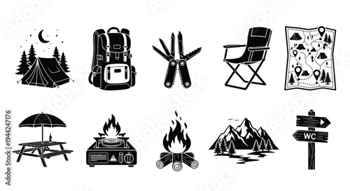 Minimalist Camping Adventure Icon Set Flat Design - Minimalist, flat icon, outline, glyph, linear, clipart, sticker - Vector icon set - Glyph icon