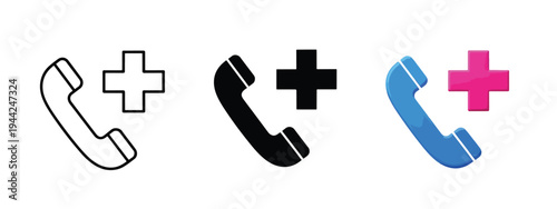 Modern Call Plus Icon Set with Color Variations for UI Design - Minimalist, flat icon, outline, glyph, linear, clipart, sticker - Vector icon set - Glyph icon