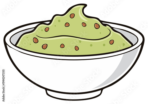 Cartoon vector illustration of a bowl of fresh guacamole dip or sauce