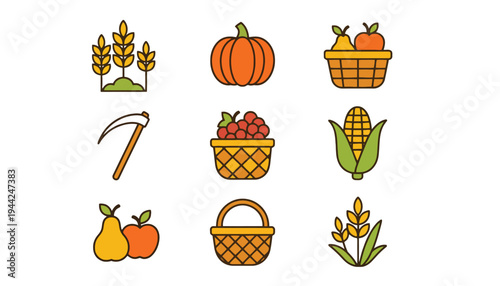 Harvest icons including wheat, pumpkin, fruits, and vegetables illustration