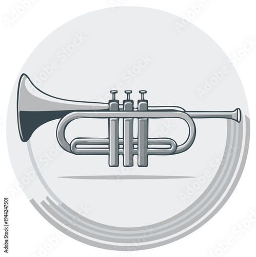 Illustration of a silver trumpet with detailed valves and bell in a circular frame