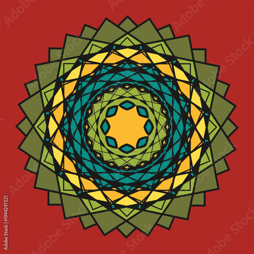 Lacy multicolored mandala, design element or other. Red background. Vector illustration
