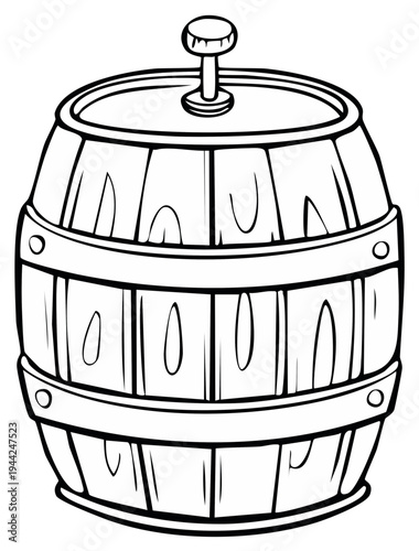 Simple line drawing of a wooden barrel with metal bands and a tap