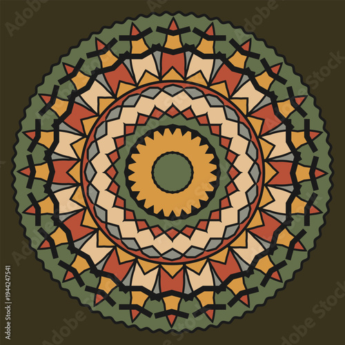 Lacy multicolored mandala, design element or other. Khaki background. Vector illustration