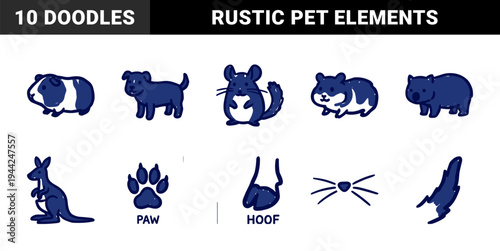 Hand-drawn domestic and exotic animals with anatomical features for organic branding. Naive navy blue marker sketch illustrations of pets and wildlife.