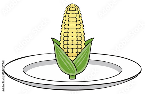 Cartoon illustration of a fresh ear of corn with husk on a white plate