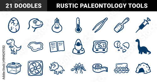 Paleontology and dinosaur egg incubation doodle elements for museum branding. Crude hand-drawn marker sketches of prehistoric reptiles and research tools.