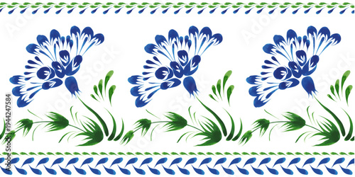 Vector floral seamless border pattern from hand painted blue flowers and leaves on a white background