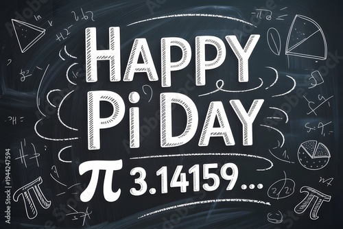 Pi Day Celebration Poster with π Symbol and 3.14159 Number on Blackboard 