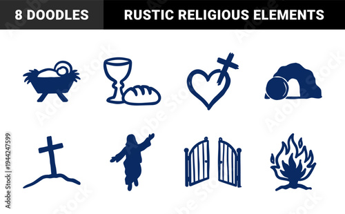 Hand-drawn Christian religious symbols in a rustic naive doodle style. Clumsy marker sketch illustrations for faith branding and church events.