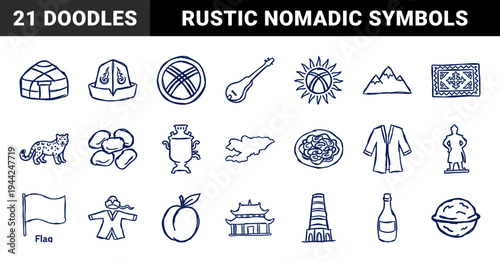 Kyrgyzstan cultural heritage symbols in naive marker sketch style. Rustic hand-drawn Kyrgyz traditions including yurt, kalpak, mountains, and snow leopard for organic branding.