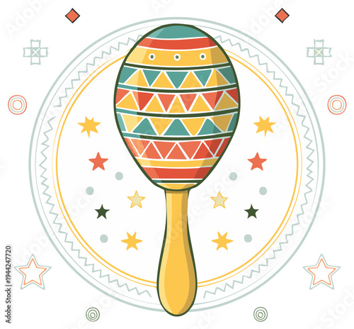 Vibrant Festive Maraca with Geometric Patterns and Stars
