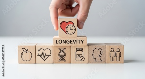 Hand placing a wooden block with heart and clock on longevity text