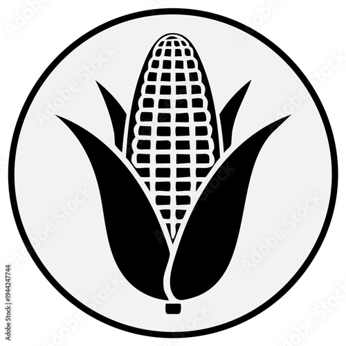 Black and White Graphic Illustration of an Ear of Corn Inside a Circle