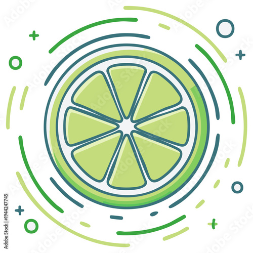 Vibrant lime slice illustration with abstract swirling green lines and dots isolated on white background