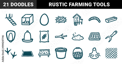 Hand-drawn chicken farming and poultry care elements for organic brand identity. Rustic, naive marker sketch illustrations of homesteading life.